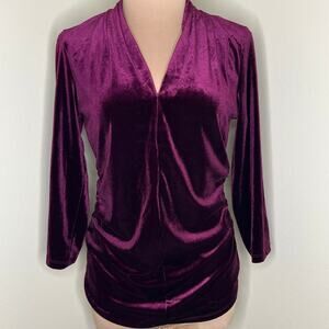 Vince Camuto Velvet Top Medium Womens Burgundy Purple V-Neck Ruched 3/4 Sleeve